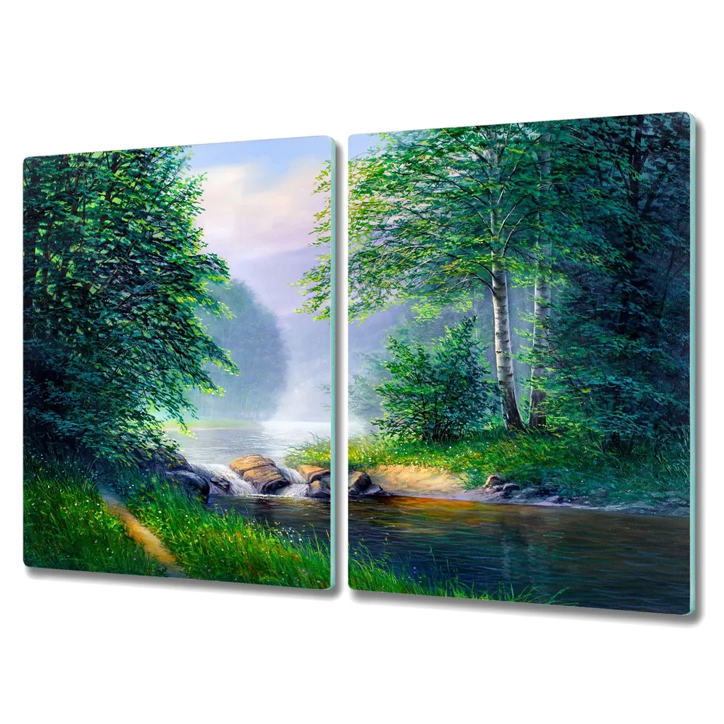Coloray Schneidebrett Herdabdeckplatte 2x40x52 cm Kochplattenabdeckung Hackbrett Küchenbrett - Wald Flusslandschaft